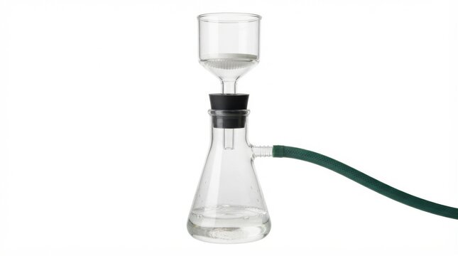 Laboratory filtration apparatus with funnel and flask connected by green tubing on white background