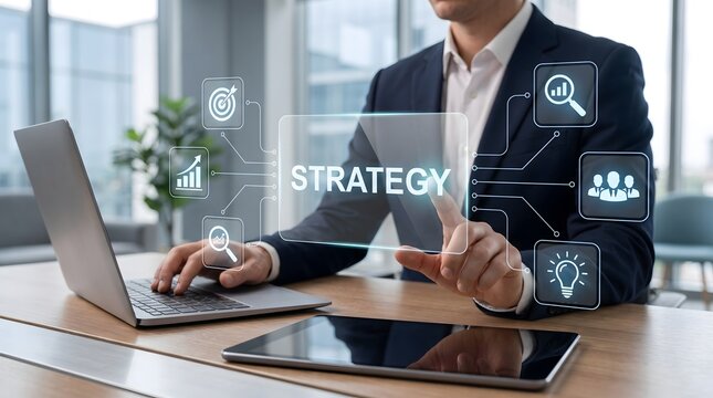 Corporate strategy formulation showing executive interacting with digital business planning dashboard on modern office desk