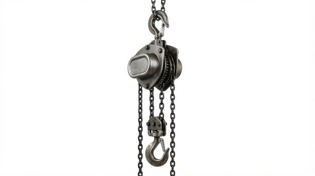 Industrial chain hoist with dual hooks and heavy iron links for lifting heavy equipment in manufacturing warehouses