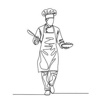 Chef holding spatula and plate of food walking confidently