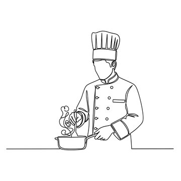Chef stirring food in a pot with a ladle in professional kitchen attire