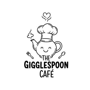 Cute cartoon teapot chef character with heart and kitchen utensils for gigglespoon caf&eacute; logo