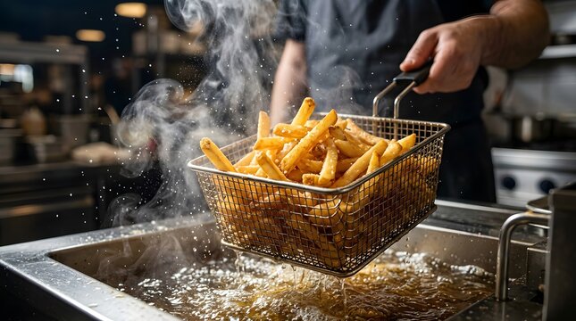 Golden french fries being fried in hot oil commercial kitchen