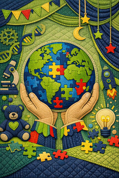 Hand holding a globe with an intricate patchwork quilt around it, symbolizing unity and diversity in the face of environmental challenges.