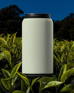 A close-up view of a green aluminum can with a cool tea drink standing in the middle of ripe tea bushes on a farm. Refreshing cold iced tea on a plantation.