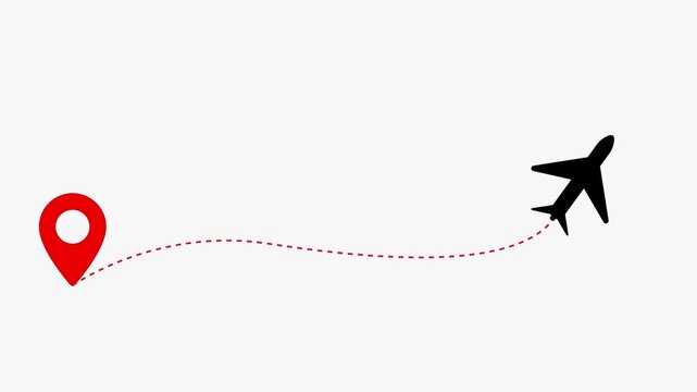 Airplane flying on dash line path animation white background. Airplane icon left to right position with dash line trace from dash line represents air travel.