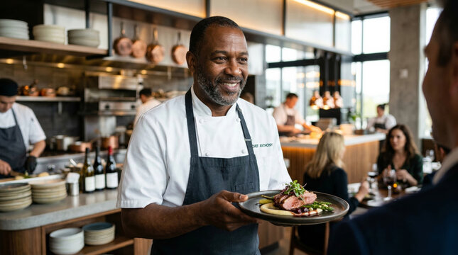 Smiling mature chef serving a plated gourmet dish in a busy restaurant dining room for menu and hospitality background use