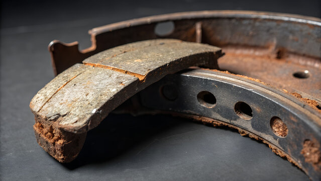 Close-up of a used automotive brake shoe with visible rust, corrosion and friction material, highlighting wear on a vehicle braking component.