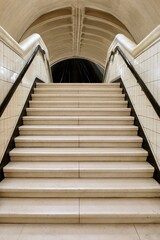 Obraz premium Stone staircase descending to underground platform with arched ceiling and handrails for interior background and architectural design