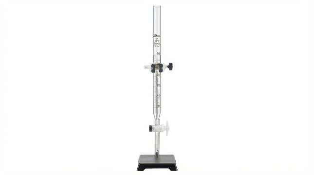 Laboratory glass burette on stand for chemical titration and liquid measurement isolated on white background