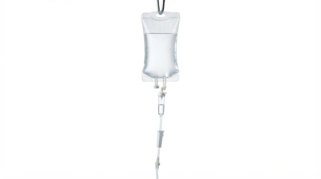 Medical intravenous drip bag with clear saline solution hanging against a white background for hospital treatment