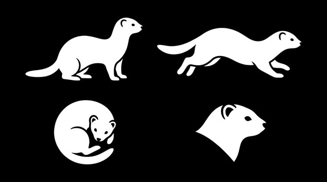 White ferret silhouettes and icons on black background.
