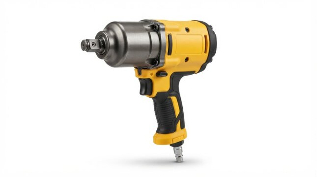 Professional yellow and black pneumatic impact wrench tool isolated on white background for automotive repair
