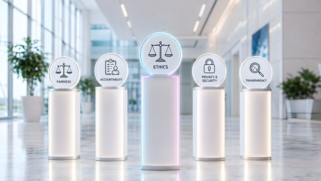 Modern office interior displaying glowing circular podiums with icons for responsible AI principles including ethics, fairness, accountability, privacy, and transparency