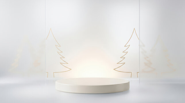 Elegant empty round podium display with golden christmas tree line art decorations