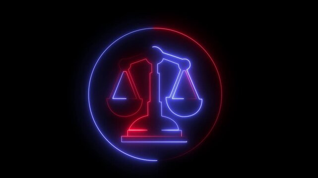 neon justice balance scale line icon animation isolated on a black background. law animation transition masks animation. 4k video...