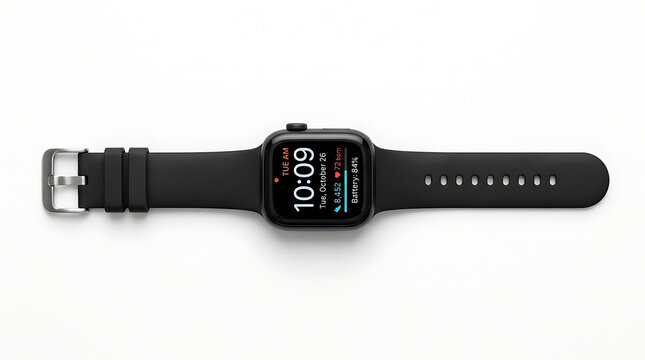 Black smartwatch with black band on white background