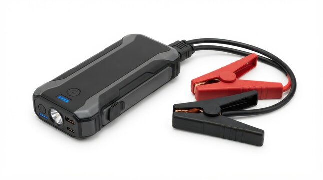 Portable lithium jump starter battery pack with red and black jumper cables isolated on white background