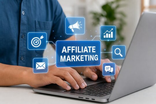 Hands typing on laptop with affiliate marketing holographic interface