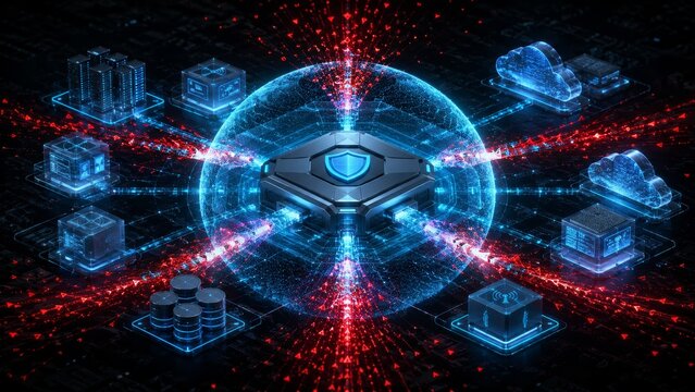 Advanced Cybersecurity Network Hub Protecting Cloud Servers and Digital Infrastructure from Cyber Attacks