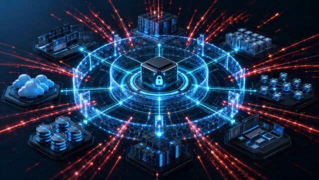 Advanced Cybersecurity Network Hub Protecting Cloud Servers and Digital Infrastructure from Cyber Attacks