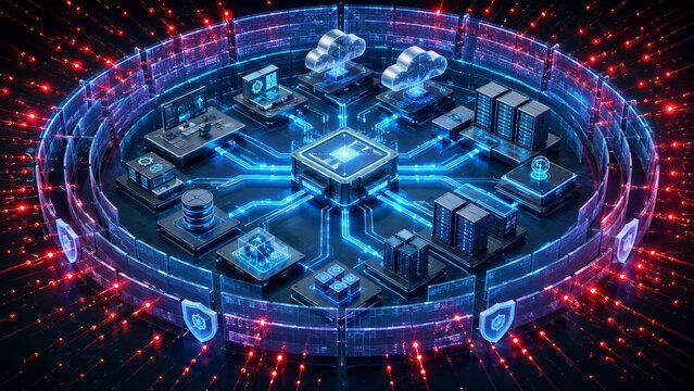 Advanced Cybersecurity Network Hub Protecting Cloud Servers and Digital Infrastructure from Cyber Attacks
