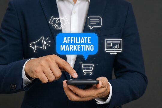 Man using smartphone with affiliate marketing interface overlay