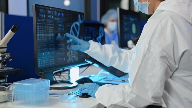 Focused scientist in hazmat suit analyzes brain scan data on high-tech monitors and writes clinical research notes in modern medical laboratory.