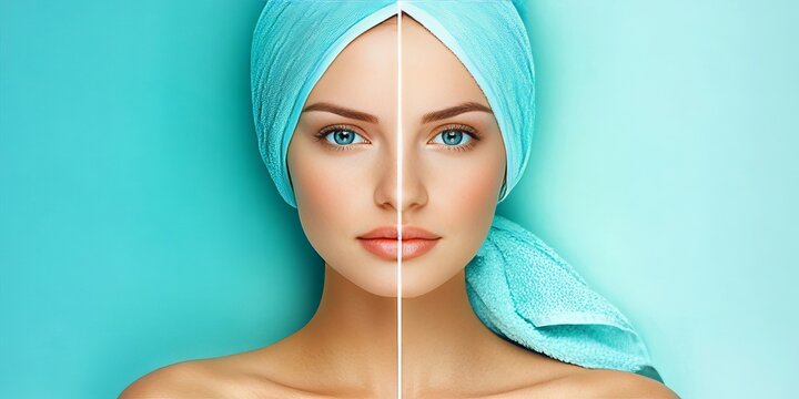 Collage of a young beautiful balanced woman with split screen comparison for skincare and beauty