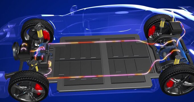 Electric vehicle 3D model with transparent body showing battery cells and chassis. EV Cars Technology Related 4K 3D Animation.