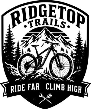Vintage mountain bike emblem featuring ridgetop trails text and scenic forest mountains