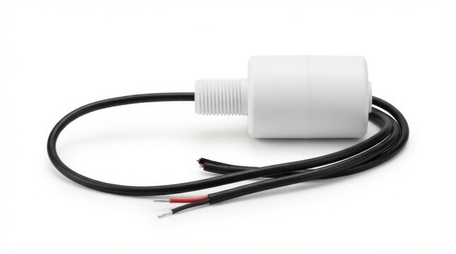 White float switch sensor with threaded fitting and electrical wires for liquid level control