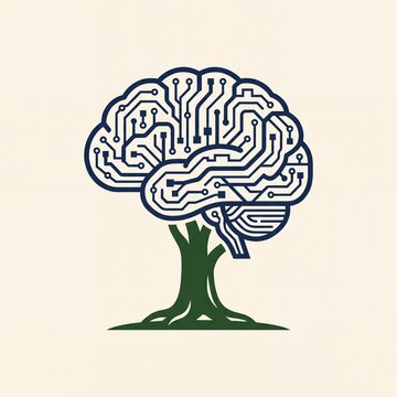 Artificial Intelligence Brain Tree Logo. Electronic circuit board nodes forming a human mind canopy on a green trunk. Concept of green technology, ecological growth, and smart computer science.