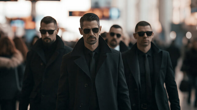 Group of professional bodyguards surrounding an important person in a busy airport terminal, conveying executive protection in a high-tension environment.