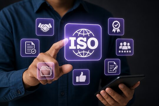Hand interacts with iso certification icons on digital interface