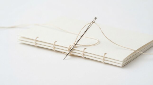 Handmade book binding process with needle and thread on white paper stack isolated on white background