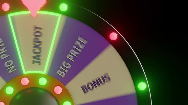 Spinning prize wheel with neon lights and winning segments for games