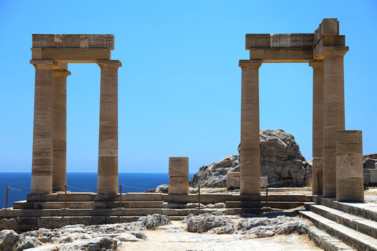 Acropolis of Lindos with the Temple of Athena Lindia, preserved monuments of Greek history, Rhodes island.