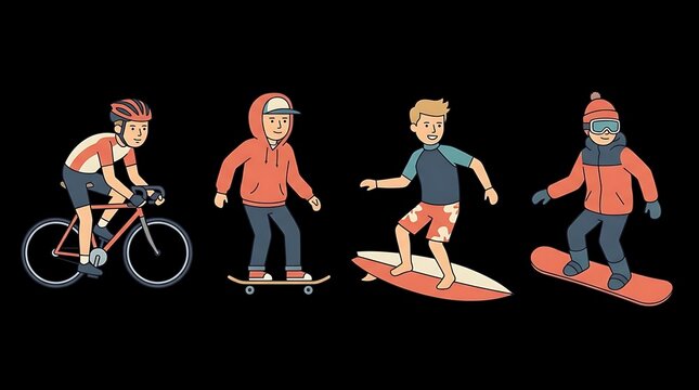 Extreme sports characters biking skating surfing and snowboarding.