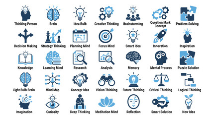 Fototapeta premium Set of 30 flat vector icons representing cognitive processes and thinking