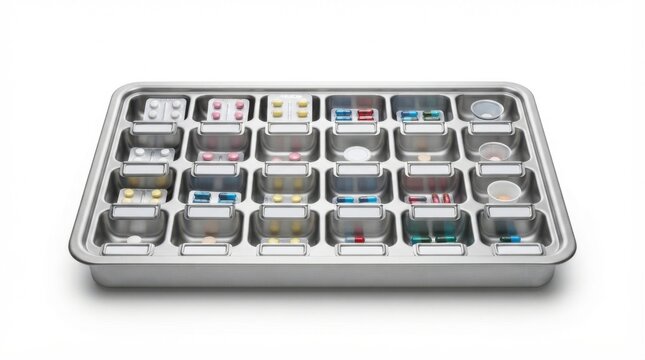 Stainless steel medical drug tray with multiple compartments for medication management isolated on white background
