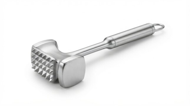 Heavy duty stainless steel meat tenderizer mallet with textured head isolated on white background