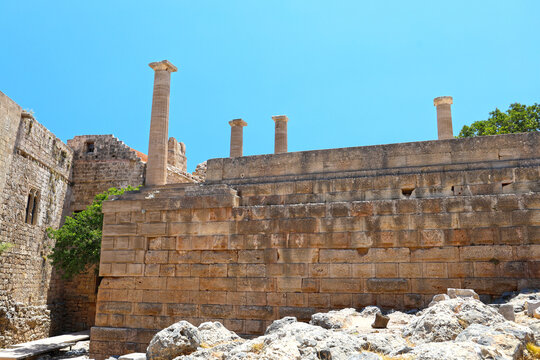 Acropolis of Lindos with the Temple of Athena Lindia, preserved monuments of Greek history, Rhodes island.