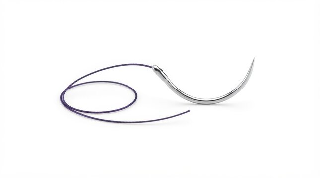 Curved surgical needle with attached purple suture thread for medical stitching isolated on white background