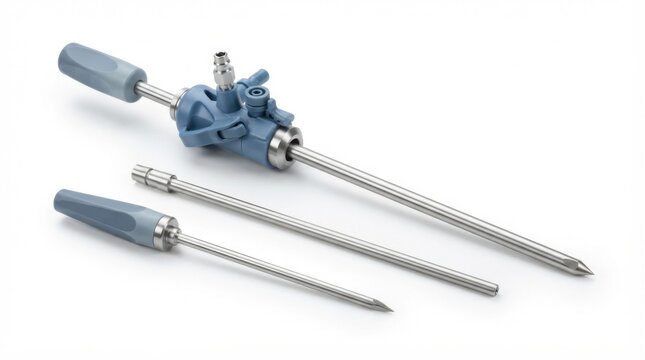Laparoscopic surgical trocar instrument with metal shafts and blue plastic handle isolated on white background