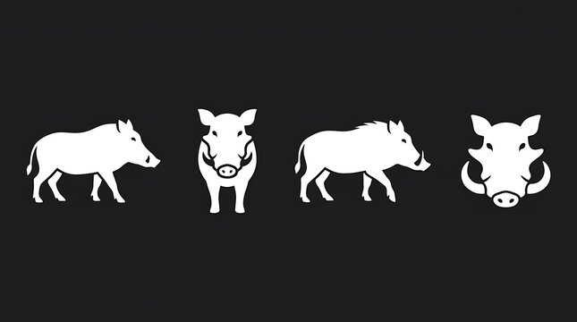 Minimalist white wild boar and hog silhouette icons.