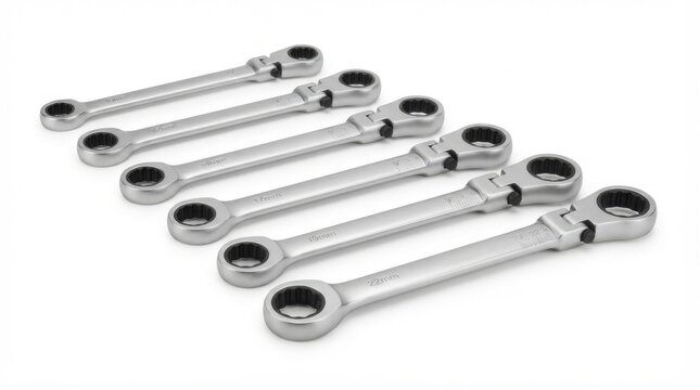 Set of six professional ratcheting wrenches arranged in descending size order isolated on white background