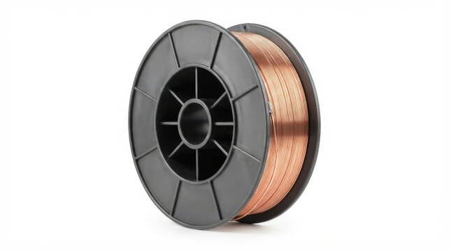 Large spool of copper coated mig welding wire on a black plastic reel isolated on plain white background studio shot