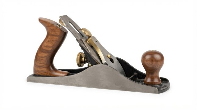 Professional woodworking hand plane with rosewood handle and brass adjustments isolated on white background