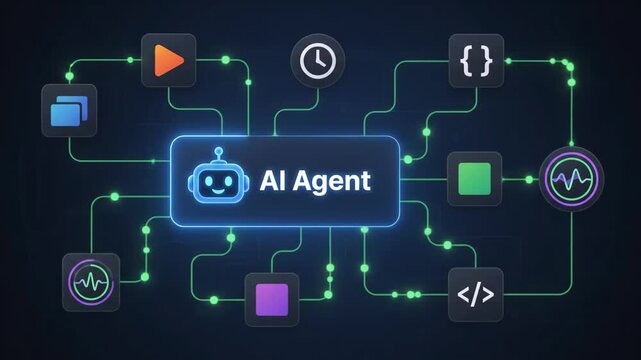 2D motion graphic of an AI agent conceptual node network. Artificial intelligence concepts of machine learning and workflow. Concepts for futuristic technology and web design.